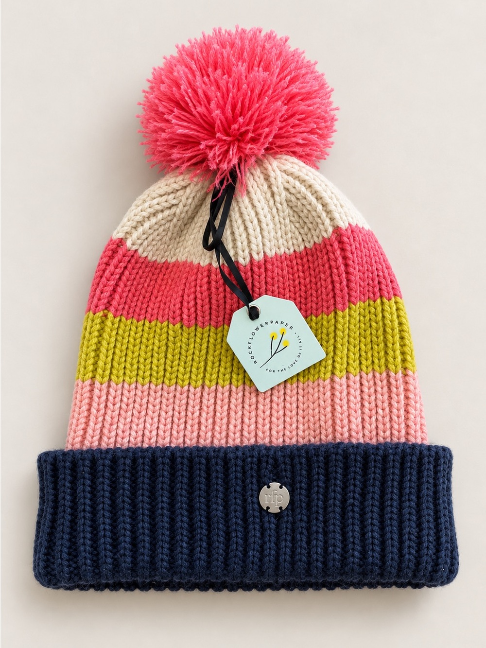 NWT Rock Flower Paper Striped Pom Pom Beanie in Piccadilly Stripe
